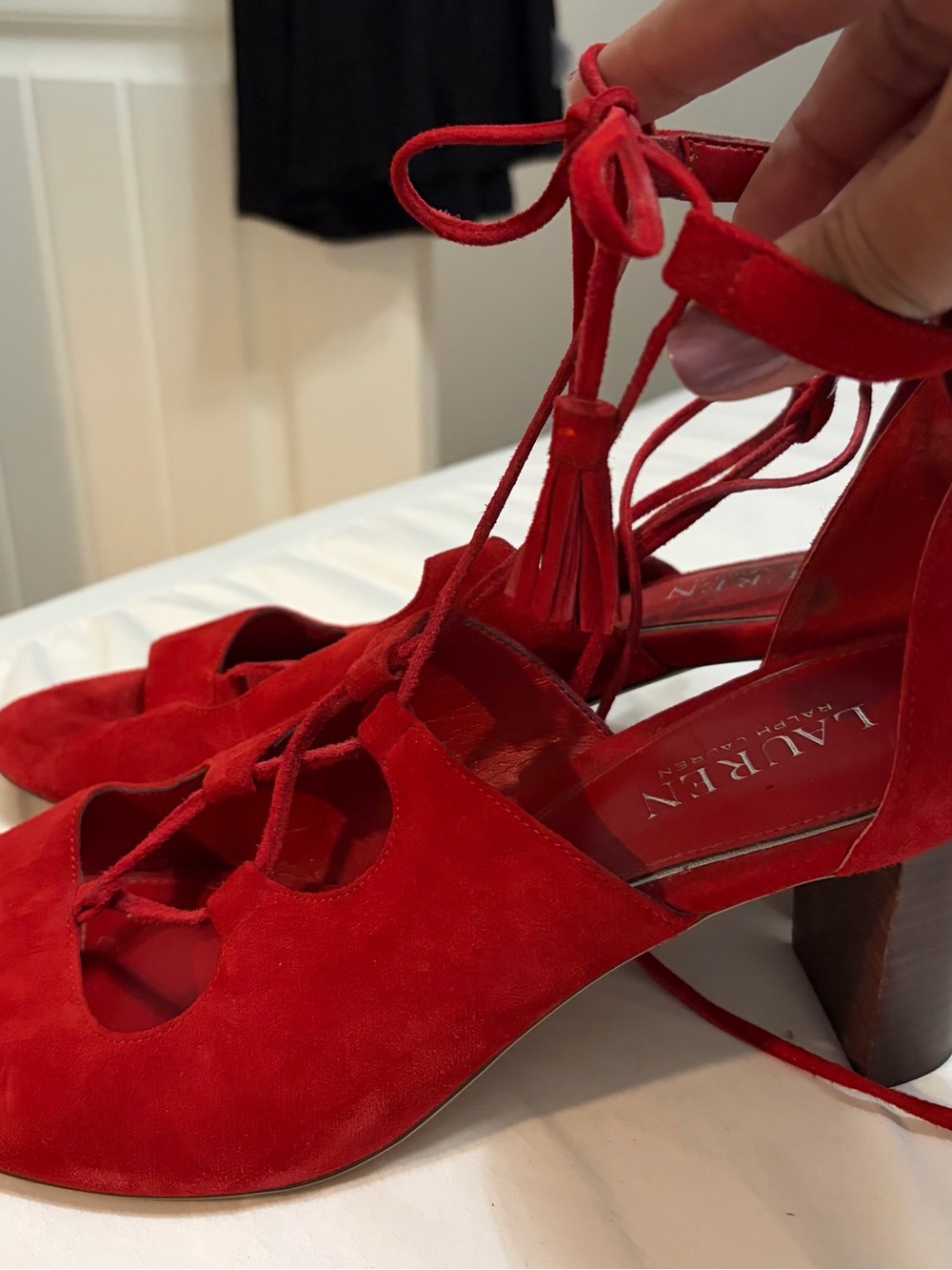 Lauren Ralph Lauren Bright Red Suede Lace-Up Block Heels